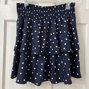 Maison Jules Polka Dot Smocked Tiered Ruffled Skirt Navy  Sz S Flirty Coquette